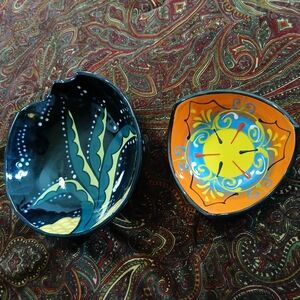 Bundle of 2 Handcrafted Uniquely Shaped Ceramic Bowls - Black, Green and Orange